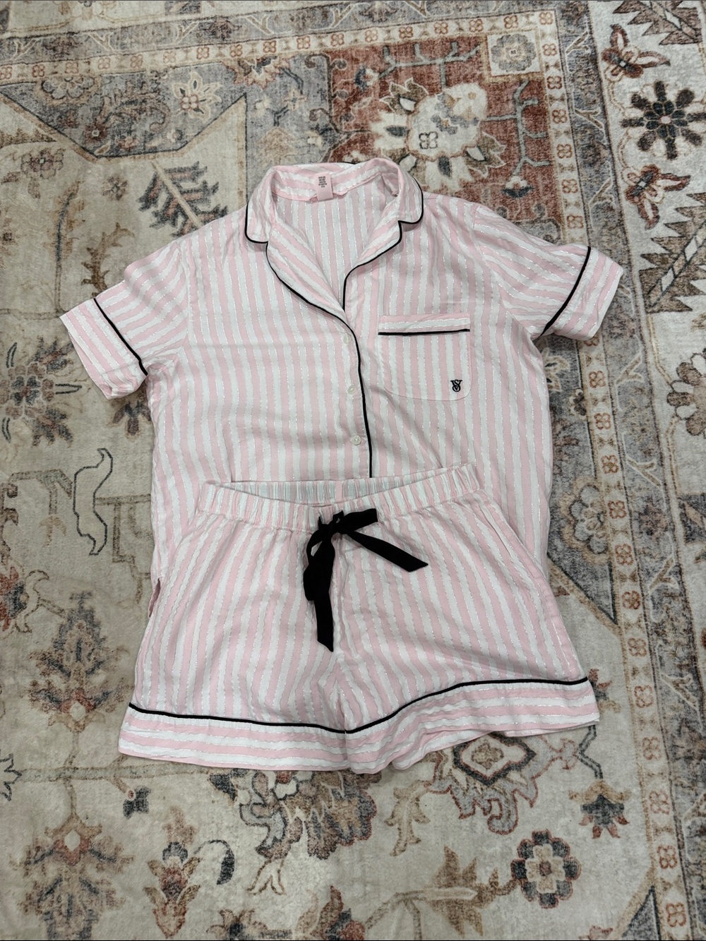 Victoria's Secret Pink and White Striped Short Pajama Set with Black Trim